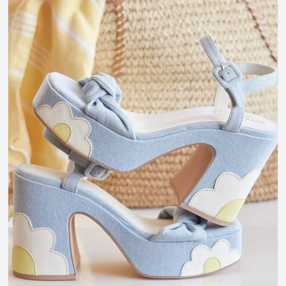 Light Blue Denim Platform Sandals with Yellow Daisy Accent